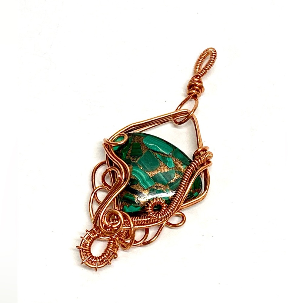 HANDCRAFT Malachite Copper Hand Wrapped Copper Freeform Pendant, Artisan Jewelry